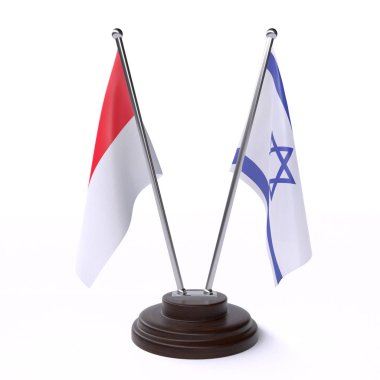 Endonezya'da ve İsrail, iki beyaz arka plan üzerinde izole bayrakları masa. 3D görüntü