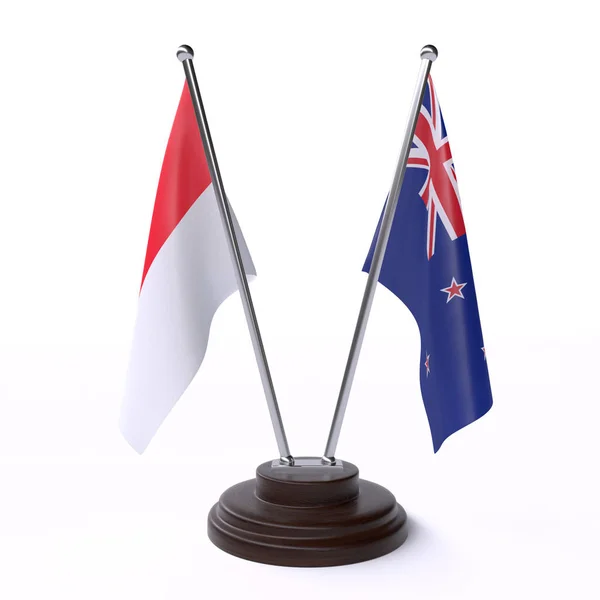 Indonesië Nieuw Zeeland Twee Tabel Vlaggen Geïsoleerd Een Witte Achtergrond — Stockfoto