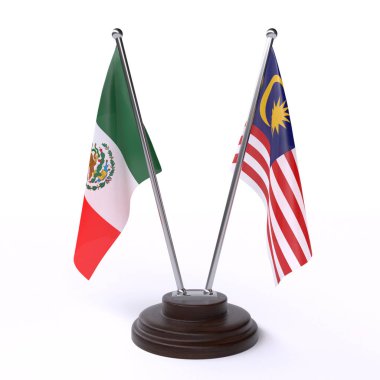 Meksika ve Malezya, iki beyaz arka plan üzerinde izole bayrakları masa. 3D görüntü