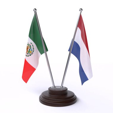 Meksika ve Hollanda, iki beyaz arka plan üzerinde izole bayrakları masa. 3D görüntü