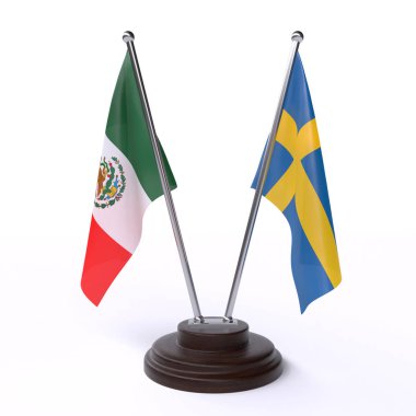 Meksika ve İsveç, iki beyaz arka plan üzerinde izole bayrakları masa. 3D görüntü