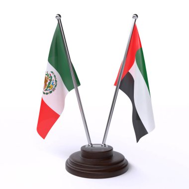 Meksika ve BAE, iki beyaz arka plan üzerinde izole bayrakları masa. 3D görüntü