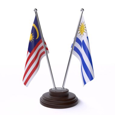 Malezya ve Uruguay, iki beyaz arka plan üzerinde izole bayrakları masa