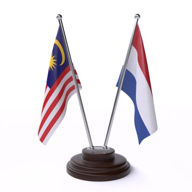 Malezya ve Hollanda, iki beyaz arka plan üzerinde izole bayrakları masa