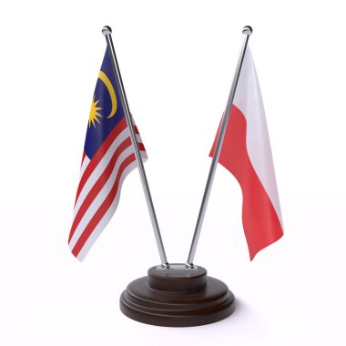 Malezya ve Polonya, iki beyaz arka plan üzerinde izole bayrakları masa
