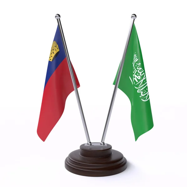 Lichtenštejnsko Saúdské Arábie Dva Stolní Vlaječky Izolované Bílém Pozadí — Stock fotografie