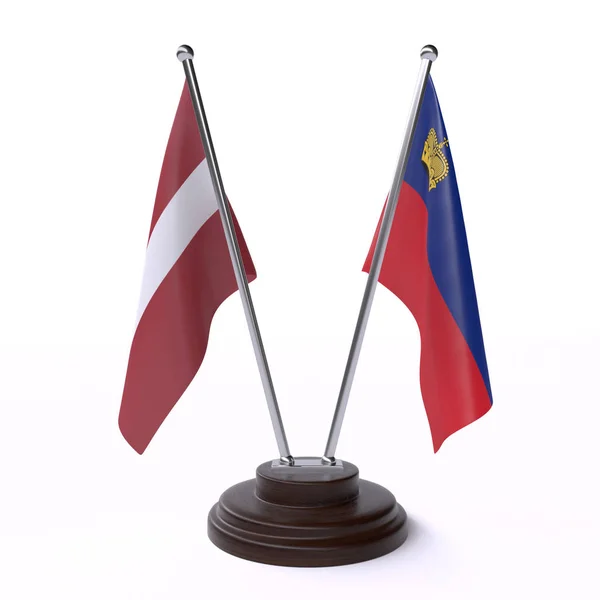 Łotwa Liechtenstein Dwa Stoliki Flagi Białym Tle — Zdjęcie stockowe