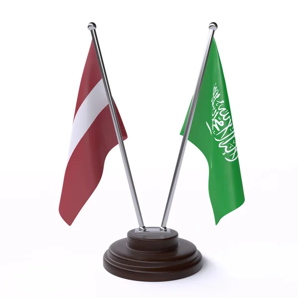 Lotyšsko Saúdské Arábie Dva Stolní Vlaječky Izolované Bílém Pozadí — Stock fotografie