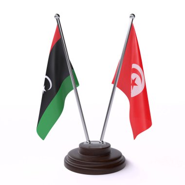 Libya'da ve Tunus, iki beyaz arka plan üzerinde izole bayrakları masa