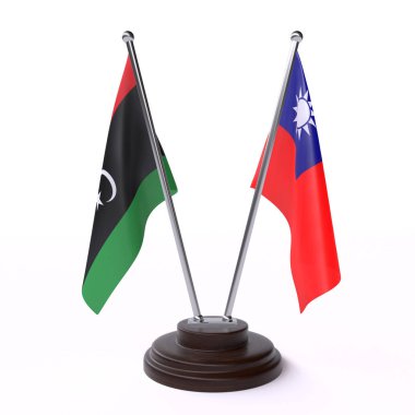Libya'da ve Tayvan, iki beyaz arka plan üzerinde izole bayrakları masa
