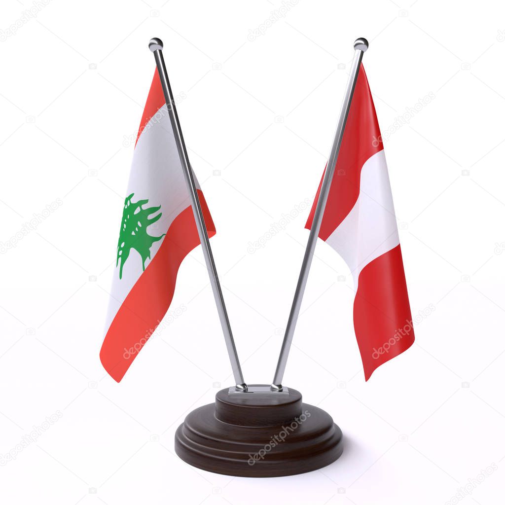 lebanon and peru, two table flags isolated on white background