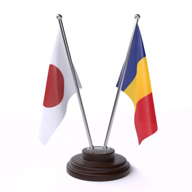 Japonya ve Romanya, iki beyaz arka plan üzerinde izole bayrakları masa