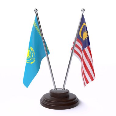 Kazakistan ve Malezya, iki beyaz arka plan üzerinde izole bayrakları masa