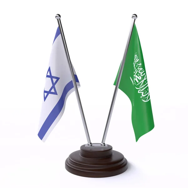 Israel Und Saudi Arabia Zwei Tischfahnen Isoliert Auf Weißem Hintergrund — Stockfoto