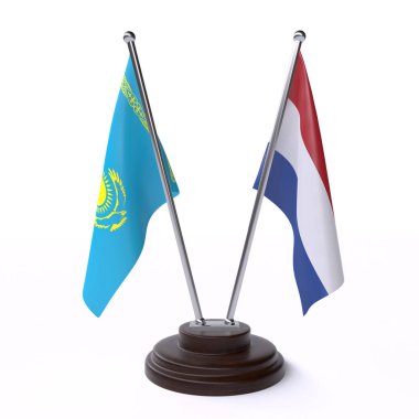 Kazakistan ve Hollanda, iki beyaz arka plan üzerinde izole bayrakları masa