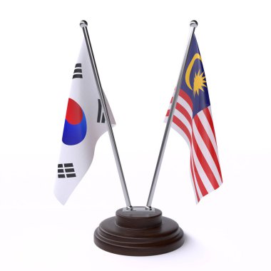 Güney Kore ve Malezya, beyaz arka plan üzerinde izole iki masa bayrakları