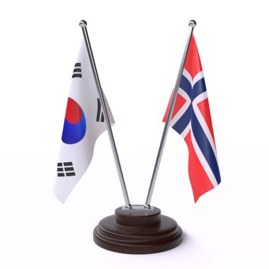 Güney Kore ve Norveç, beyaz arka plan üzerinde izole iki masa bayrakları