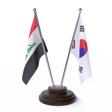 Irak ve Güney Kore, beyaz arka plan üzerinde izole iki masa bayrakları
