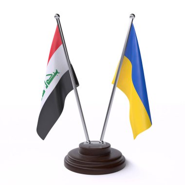 Irak ve Ukrayna, iki beyaz arka plan üzerinde izole bayrakları masa