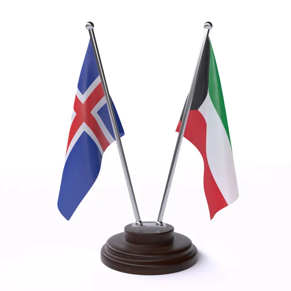 Iceland Kuwait Dos Banderas Mesa Aisladas Sobre Fondo Blanco —  Fotos de Stock