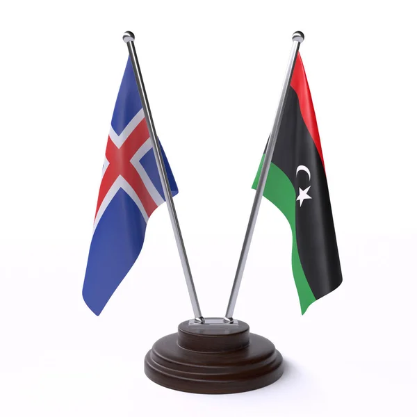 Iceland Libya Dos Banderas Mesa Aisladas Sobre Fondo Blanco —  Fotos de Stock