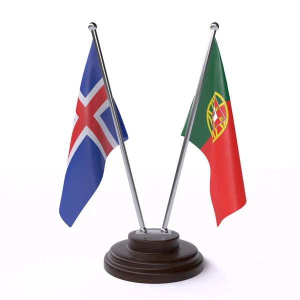 Iceland Portugal Dos Banderas Mesa Aisladas Sobre Fondo Blanco —  Fotos de Stock