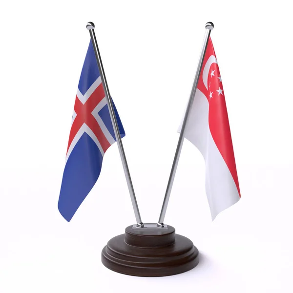 Iceland Singapore Dos Banderas Mesa Aisladas Sobre Fondo Blanco —  Fotos de Stock