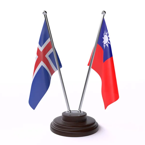 Iceland Taiwan Dos Banderas Mesa Aisladas Sobre Fondo Blanco —  Fotos de Stock