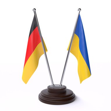 Almanya ve Ukrayna, beyaz arka planda izole iki Masa bayrakları