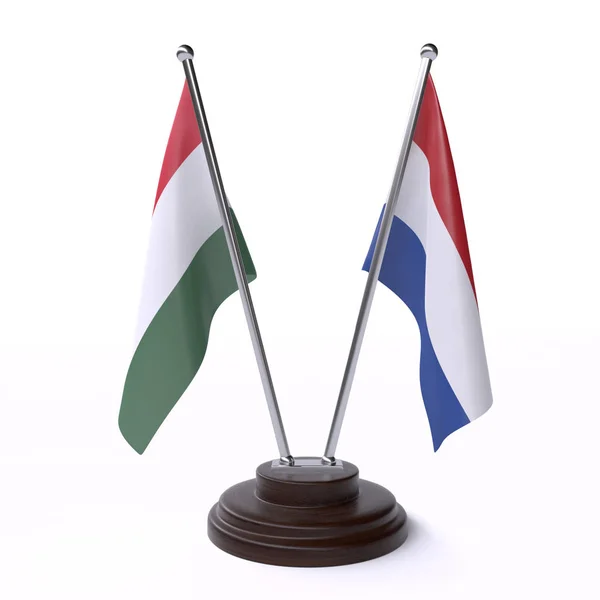 Hungary Netherlands Duas Bandeiras Mesa Isoladas Fundo Branco — Fotografia de Stock