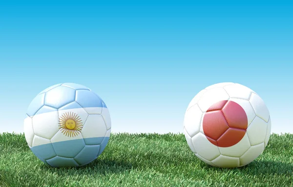 Deux Ballons Foot Aux Couleurs Drapeaux Sur Herbe Verte Argentine — Photo