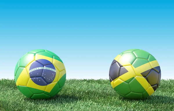 Deux Ballons Foot Aux Couleurs Drapeaux Sur Herbe Verte Brésil — Photo