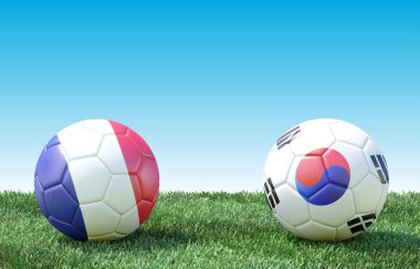 Bayrak renkleri yeşil çimenlerin üzerinde iki futbol topları. Fransa ve Güney Kore. 3D görüntü