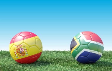 Bayrak renkleri yeşil çimenlerin üzerinde iki futbol topları. İspanya ve Güney Afrika. 3D görüntü