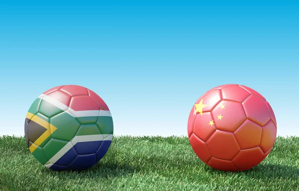 Два Футбольні Ячі Прапори Кольори Зеленій Траві Південна Африка Китаю — стокове фото