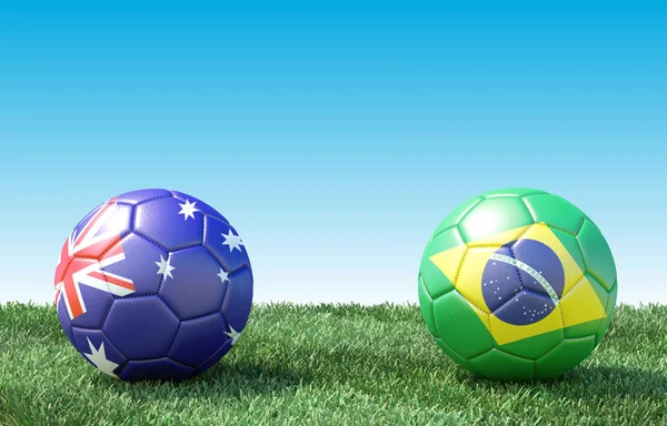 Two Soccer Balls Flags Colors Green Grass Australia Brazil Image — Stock Photo, Image