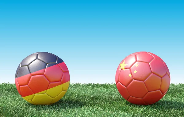 Two Soccer Balls Flags Colors Green Grass Germany China Image — Stock Photo, Image