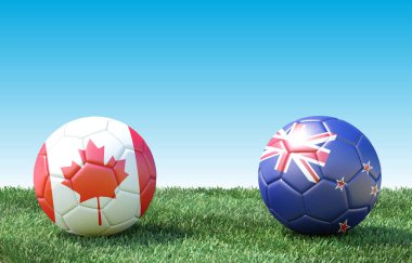Yeşil çim bayrakları renkleri iki futbol topları. Kanada ve Yeni Zelanda. 3B görüntü