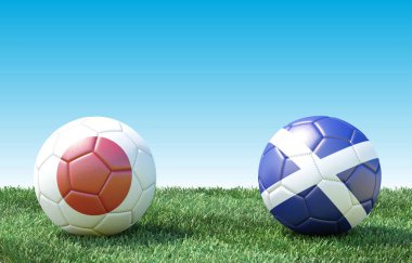 Yeşil çim bayrakları renkleri iki futbol topları. Japonya ve Iskoçya. 3B görüntü