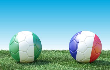 Yeşil çim bayrakları renkleri iki futbol topları. Nijerya ve Fransa. 3B görüntü