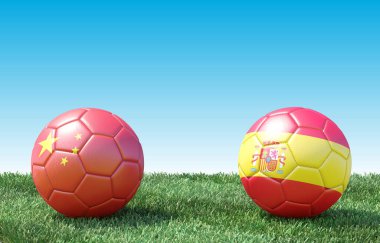 Yeşil çim bayrakları renkleri iki futbol topları. Çin ve Ispanya. 3B görüntü
