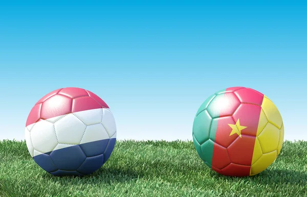 Två Fotbollar Flaggor Färger Grönt Gräs Nederländerna Och Kamerun Bild — Stockfoto