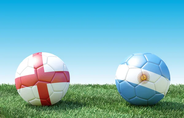 Two soccer balls in flags colors on green grass. England and Argentina. 3d image