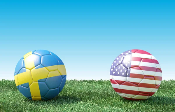 Två Fotbollar Flaggor Färger Grönt Gräs Sverige Och Usa Bild — Stockfoto
