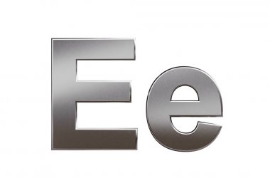 Metal mektup E, beyaz arka planda izole. Koleksiyon. 3B görüntü