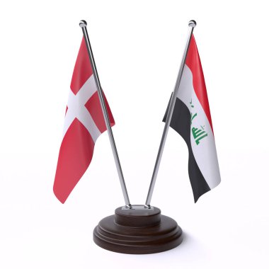 danimarka ve Irak, beyaz arka plan üzerinde izole iki masa bayrakları