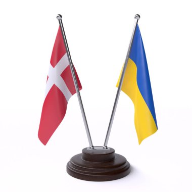 danimarka ve Ukrayna, beyaz arka plan üzerinde izole iki masa bayrakları