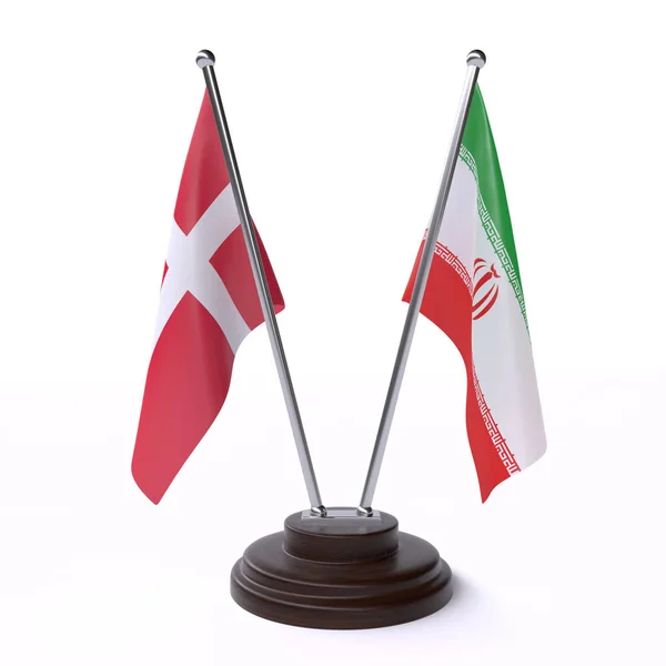 Dänemark Und Iran Zwei Tischfahnen Isoliert Auf Weißem Hintergrund — Stockfoto