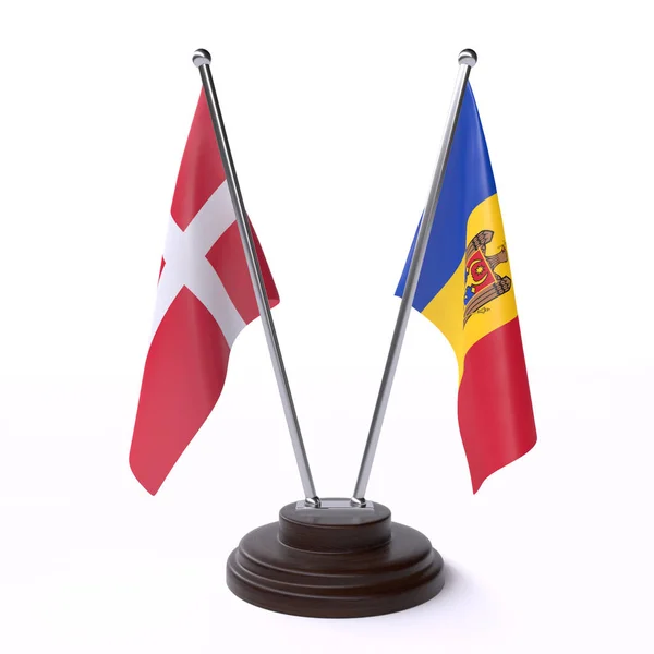 Danii Mołdawii Dwie Flagi Tabeli Izolowane Białym Tle — Zdjęcie stockowe