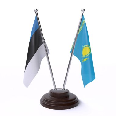 estonya ve kazakistan, beyaz arka plan üzerinde izole iki masa bayrakları